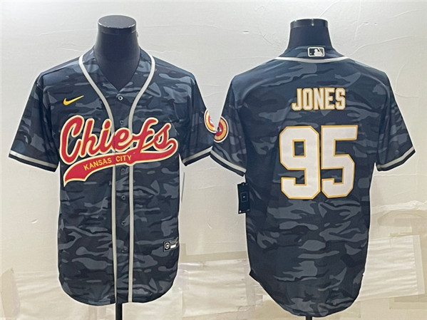 Men's Kansas City Chiefs #95 Chris Jones Gray Camo With Patch Cool Base Stitched Baseball Jersey